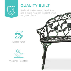 Steel Garden Bench Outdoor Patio Furniture w/ Floral Rose Accent