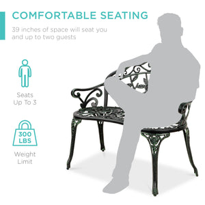Steel Garden Bench Outdoor Patio Furniture w/ Floral Rose Accent