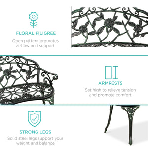 Steel Garden Bench Outdoor Patio Furniture w/ Floral Rose Accent