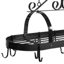 Load image into Gallery viewer, Victorian-Style Hanging Pot Rack Organizer w/ 10 Hooks, Shelf - Black
