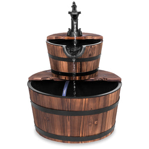 Wooden Barrel 2-Tier Water Fountain w/ Pump