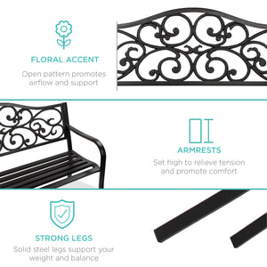 Steel Garden Bench for Outdoor Patio w/ Floral Design Backrest