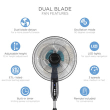 Load image into Gallery viewer, 16in Oscillating Pedestal Fan w/ Timer, Double Blades, Remote Control
