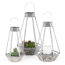 Load image into Gallery viewer, Set of 3 Decorative Metal Faceted Hurricane Candle Lantern Accents w/ Glass
