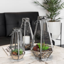 Load image into Gallery viewer, Set of 3 Decorative Metal Faceted Hurricane Candle Lantern Accents w/ Glass
