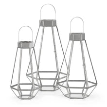 Load image into Gallery viewer, Set of 3 Decorative Metal Faceted Hurricane Candle Lantern Accents w/ Glass
