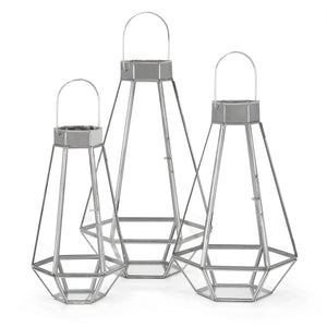 Set of 3 Decorative Metal Faceted Hurricane Candle Lantern Accents w/ Glass