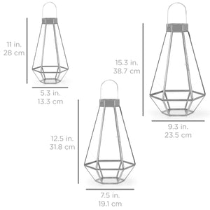 Set of 3 Decorative Metal Faceted Hurricane Candle Lantern Accents w/ Glass