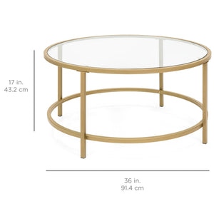 36in Round Glass Coffee Table w/ Satin Gold Trim
