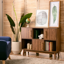 Load image into Gallery viewer, 6-Shelf Mid-Century Modern Wood Entryway Storage Stand w/ Cabinet Doors
