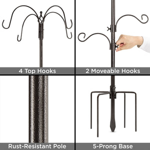 Bird Feeding Station, 6-Hook Steel Multi-Feeder Stand w/ 4 Bird Feeders, 89in