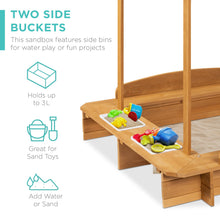 Load image into Gallery viewer, Wooden Cabana Sandbox w/ Benches, Canopy Shade, Sand Cover, 2 Buckets
