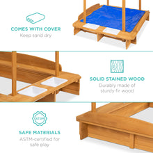 Load image into Gallery viewer, Wooden Cabana Sandbox w/ Benches, Canopy Shade, Sand Cover, 2 Buckets
